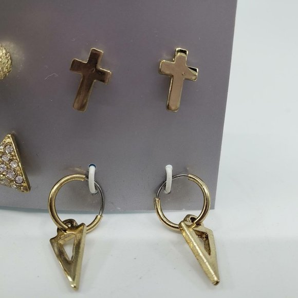 G by Guess Gold Tone Stud & Hoop Earrings Set 6-Pairs Cross Balls Triangle Logo - Picture 4 of 8